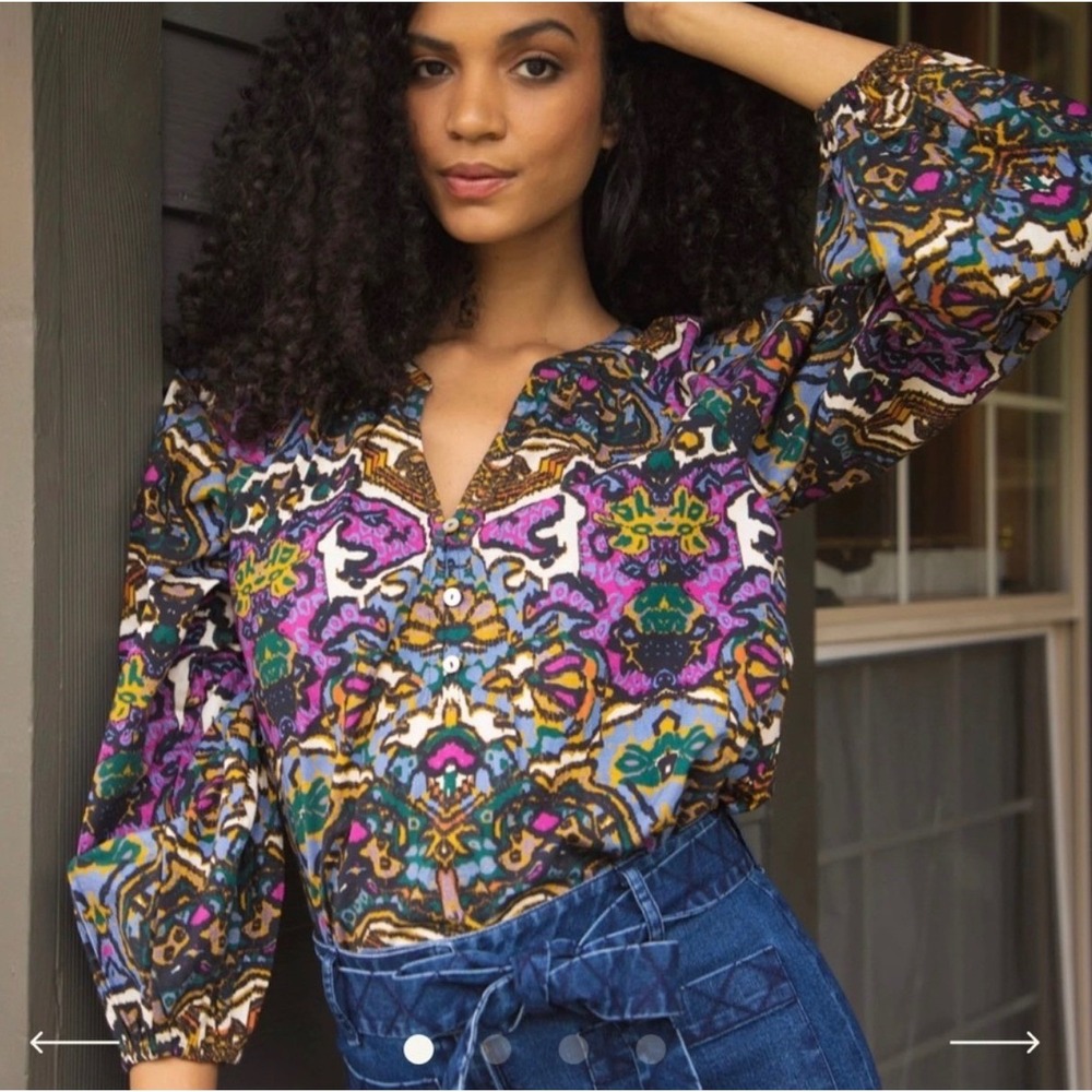 Cleobella‎ Felicia Womens Organic Cotton Paisley Puff Sleeve V-Neck Blouse XS